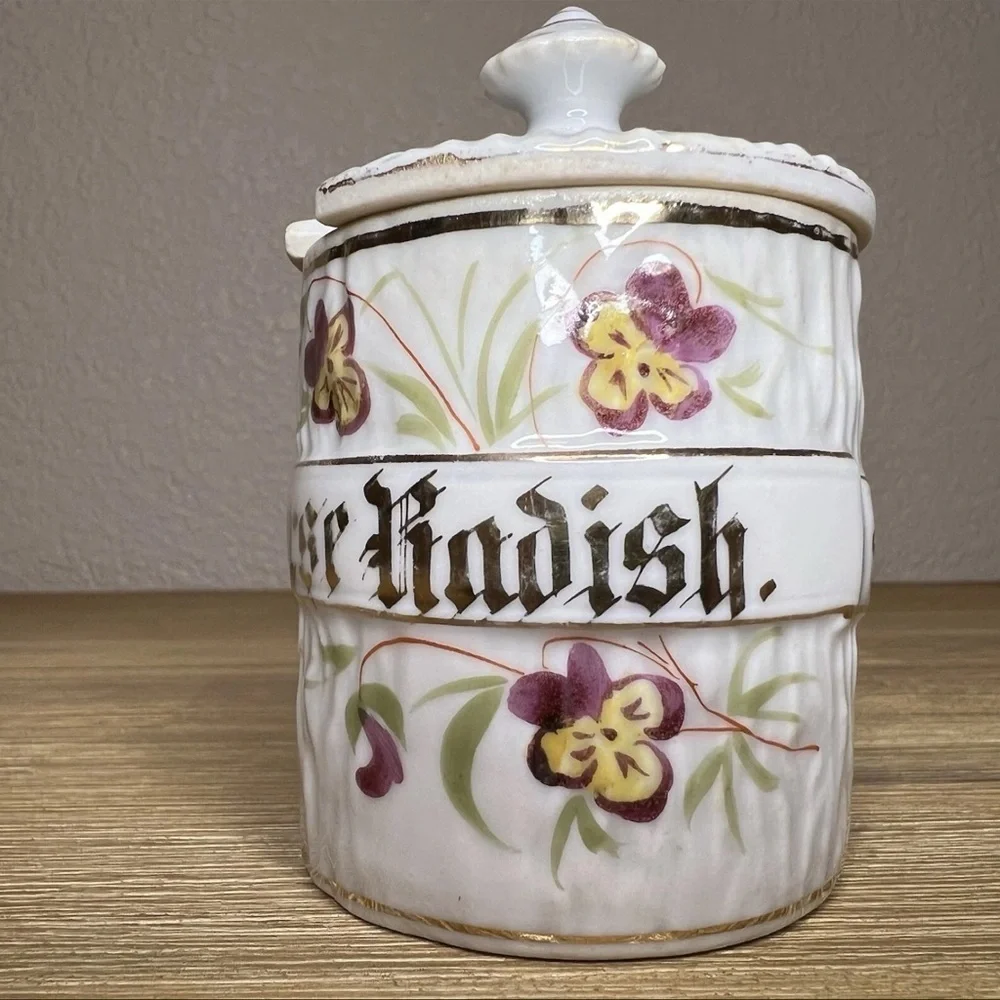 Antique Victorian Porcelain Horseradish Pot Jar Hand Painted Floral Gilt Lid
